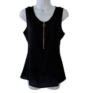 Harve Benard Black Sleeveless Crepe Peplum Tank Top Gold Center Zipper Size M